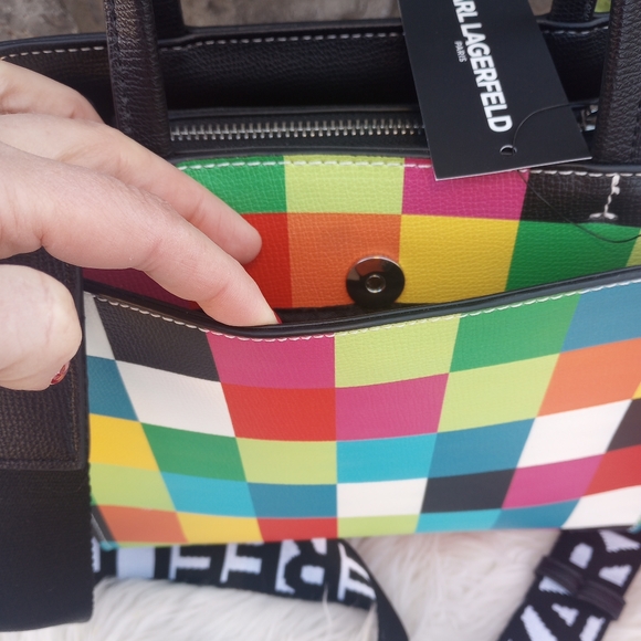 LAST ONE🔥 Karl Lagerfeld Multicolored Rainbow Checkered Maybelle Satchel - Picture 9 of 15